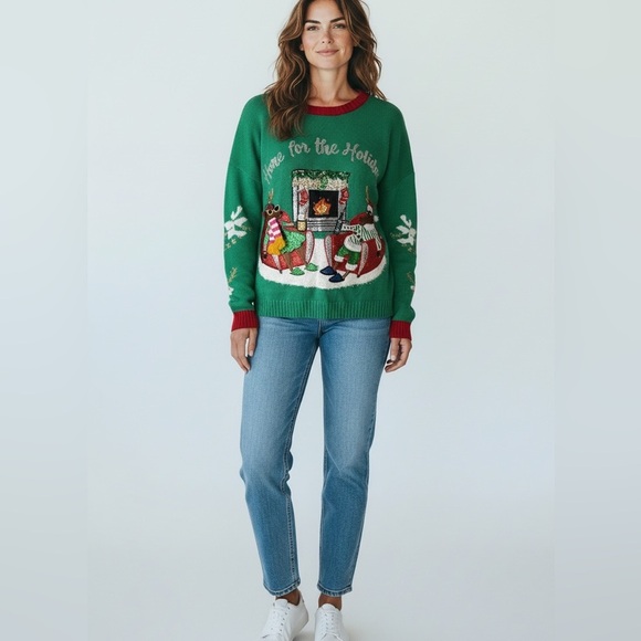 33 Degrees Sweaters - 33 Degrees home for the Holidays Festive Green Sweater size XL